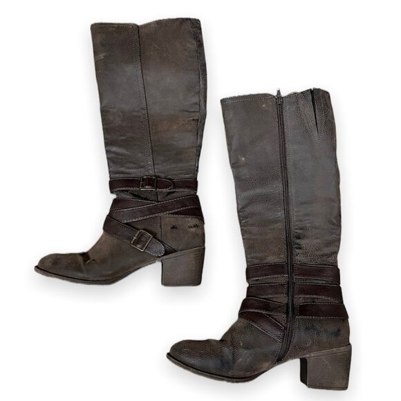 Burfew Claire Ankle Buckle Strap Knee High Heeled Boots Brown Women’s Size 9 - Picture 1 of 10